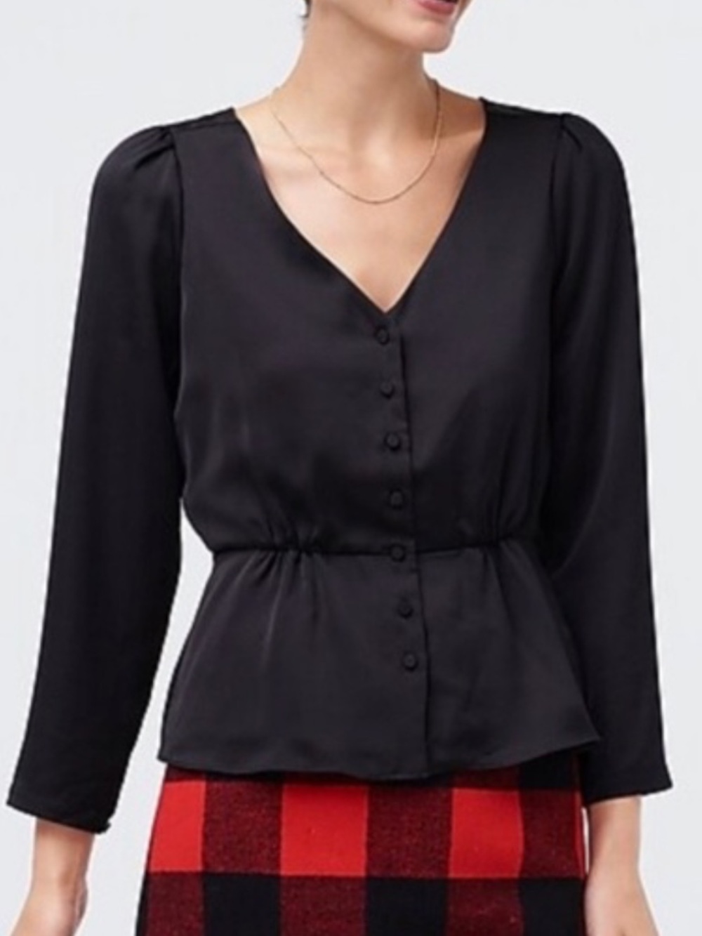 J. Crew Black V-Neck Button-Front Peplum Satin Blouse